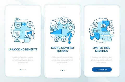 Gamified loyalty programs examples blue onboarding mobile app page screen Stock Illustration