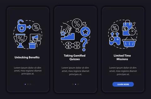 Gamified loyalty programs examples dark onboarding mobile app page screen 스톡 일러스트