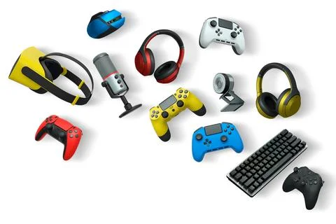 Gaming accessories like controllers, VR headset, headphones, keyboard, and mi Stock Illustration