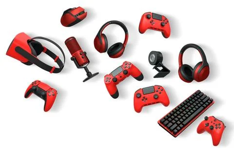 Gaming accessories like controllers, VR headset, headphones, keyboard, and Stock Illustration