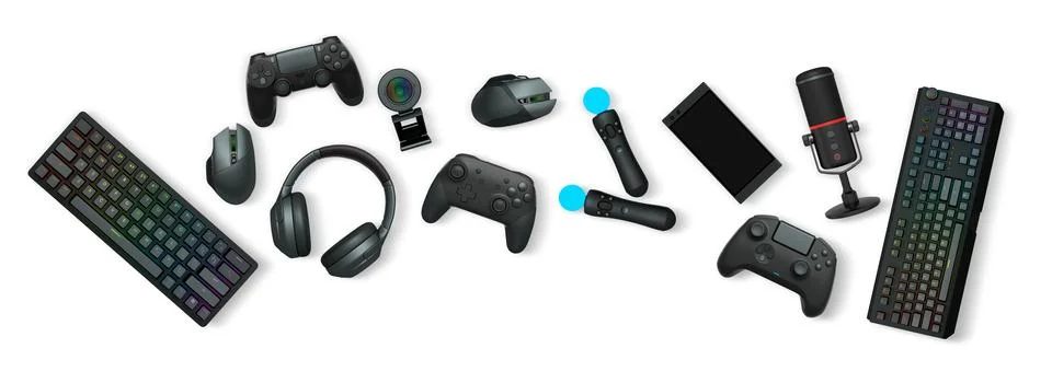Gaming accessories like controllers, VR headset, headphones, keyboard, and Stock Illustration