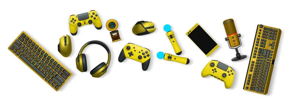Gaming accessories like controllers, VR headset, headphones, keyboard, and mi Stock Illustration