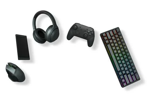 Gaming accessories including keyboard, controller, headset, mouse, and phone on Illustrazione stock