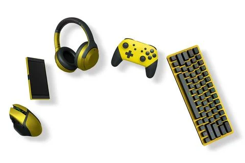 Gaming accessories including keyboard, controller, headset, mouse, and phone on Illustrazione stock