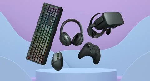 Gaming accessories including keyboard, headset, mouse, controller, and VR hea Stock Illustration