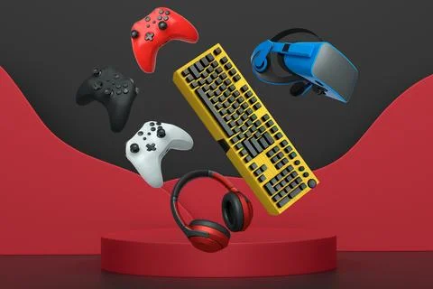 Gaming accessories including keyboard, headset, mouse, controller, and VR hea Illustrazione stock