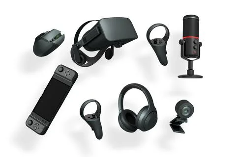 Gaming accessories including VR headset, controllers, mouse, headphones, and mic Stock Illustration