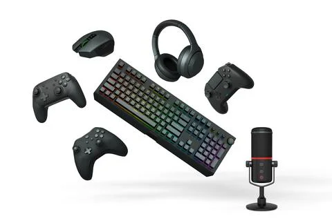Gaming accessories including VR headset, controllers, mouse, headphones, and mic Stock Illustration