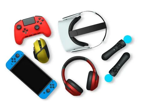 Gaming accessories including VR headset, controllers, mouse, headphones Stock Illustration