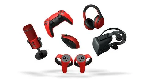 Gaming accessories including VR headset, controllers, mouse, headphones, and mic Stock Illustration