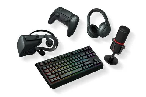 Gaming accessories including VR headset, RGB keyboard, headphones, and 스톡 일러스트