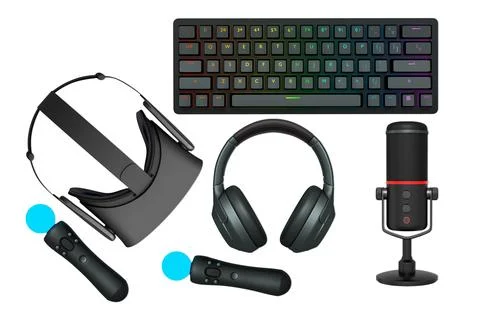 Gaming accessories including VR headset, RGB keyboard, headphones, and 스톡 일러스트
