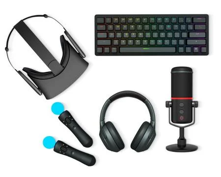 Gaming accessories including VR headset, RGB keyboard, headphones, and Stockillustratie