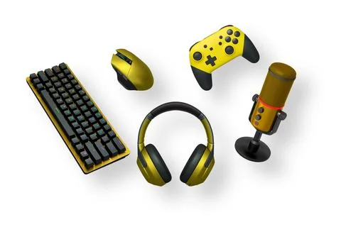 Gaming accessories including VR headset, controllers, mouse, headphones, and mic Stock Illustration