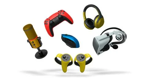 Gaming accessories including VR headset, controllers, mouse, headphones, and mic Stock Illustration