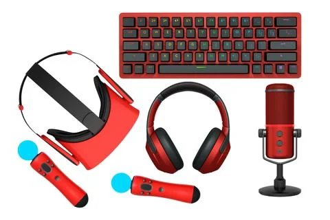 Gaming accessories including VR headset, RGB keyboard, headphones, and Stock Illustration