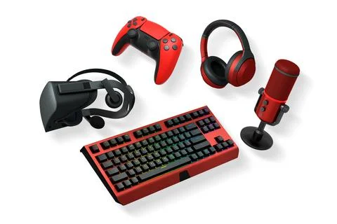 Gaming accessories including VR headset, RGB keyboard, headphones, and microp 库存插图