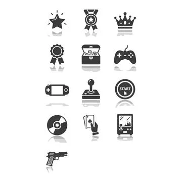 Gaming achievement icon set featuring star, crown, trophy, controller, joys.. Stock Illustration