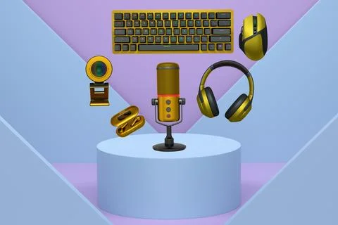 Gaming and streaming accessories including RGB keyboard, headphones, mic, webcam Stock Illustration