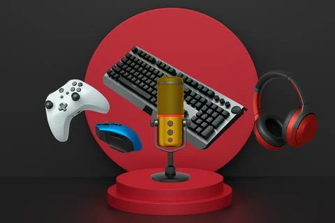 Gaming and streaming accessories including RGB keyboard, headphones, mic, mouse Stock Illustration