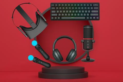 Gaming and streaming accessories including RGB keyboard, headphones, microphone Stock Illustration