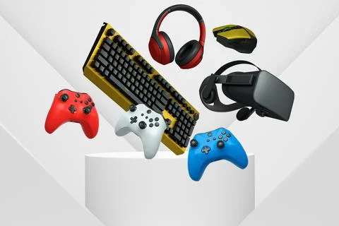 Gaming and streaming accessories including RGB keyboard, headphones, microphone Stock Illustration