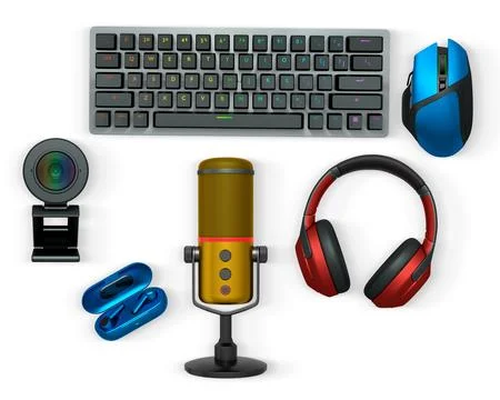 Gaming and streaming accessories including RGB keyboard, wireless mouse Stock Illustration