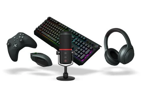 Gaming and streaming accessories including RGB keyboard, wireless mouse Stock Illustration
