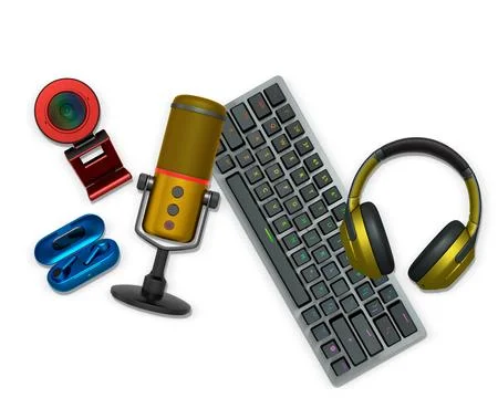 Gaming and streaming accessories including RGB keyboard, headphones, mic, webcam Stock Illustration