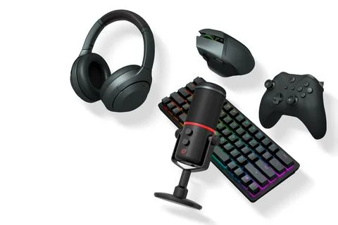 Gaming and streaming accessories including RGB keyboard, wireless mouse Stock Illustration
