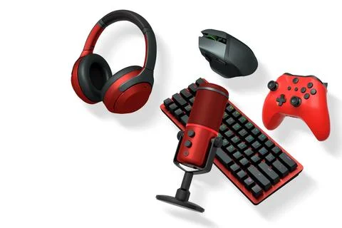 Gaming and streaming accessories including RGB keyboard, wireless mouse Stock Illustration