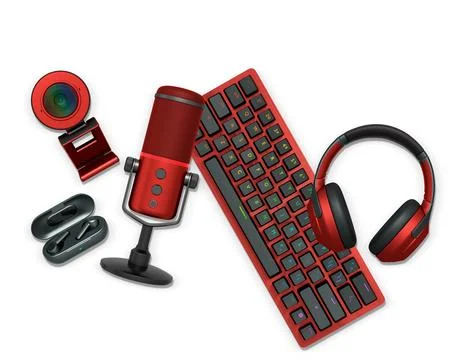 Gaming and streaming accessories including RGB keyboard, wireless mouse, head Stock Illustration