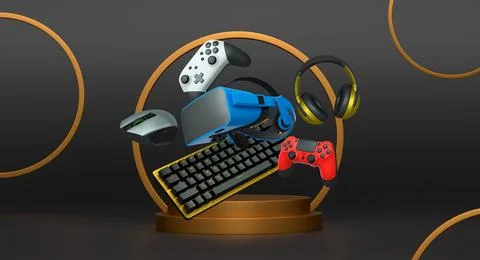 Gaming and streaming accessories including RGB keyboard, headphones, mouse, j Stock Illustration