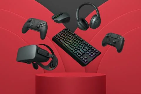 Gaming and streaming accessories including RGB keyboard, headphones, mouse,.. Stock Illustration