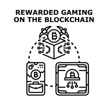 Gaming on blockchain offering cryptocurrency rewards and play to earn Stock Illustration