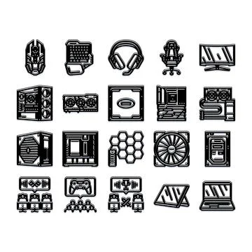 Gaming computer hardware components and esports concepts black line art icons イラスト素材