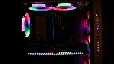 Gaming computer with multi-colored backlight. Side view. Stock Footage 269212886