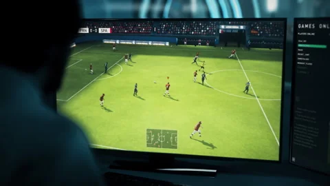 Gaming Computer Screen Displays Virtual Football Match France Vs Spain Stock Footage 252236548