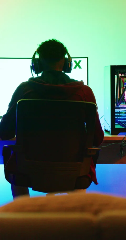 Gaming, computer screen or man with headset in home, virtual competition or Video stock 335110095