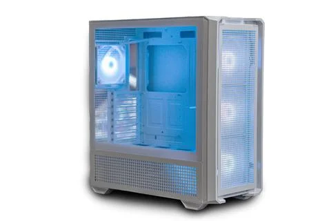 A gaming computer tower with illuminated blue LED lights, visible internal co Stock Photos