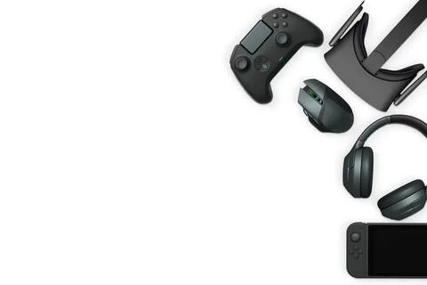 Gaming console, VR headset, wireless headphones, and motion controllers isolated Stock Illustration