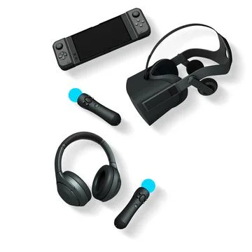 Gaming console, VR headset, wireless headphones, and motion controllers isolated Stock Illustration