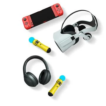 Gaming console, VR headset, wireless headphones, and motion controllers iso.. Illustrazione stock