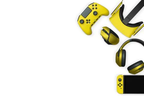 Gaming console, VR headset, wireless headphones, and motion controllers iso.. Stock Illustration