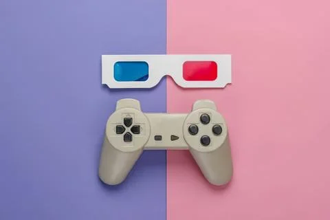 Gaming controller with 3d glasses on colorful background Stock Photos