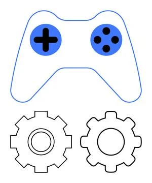 Gaming controller above two gear icons symbolizing controls, customization, s Stock Illustration