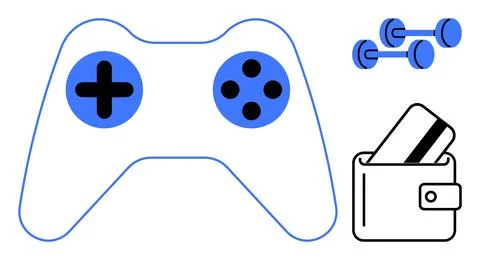 Gaming controller with buttons, pair of dumbbells, and wallet with card. Idea Illustrazione stock