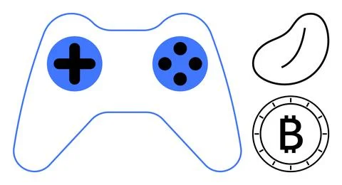 Gaming controller with cryptocurrency coin and bean shape representing emer.. Illustrazione stock