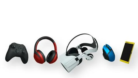 Gaming controller, headphones, VR headset, mouse, and smartphone isolated on Illustrazione stock