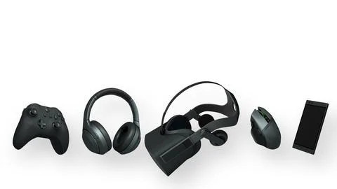 Gaming controller, headphones, VR headset, mouse, and smartphone isolated on Illustrazione stock